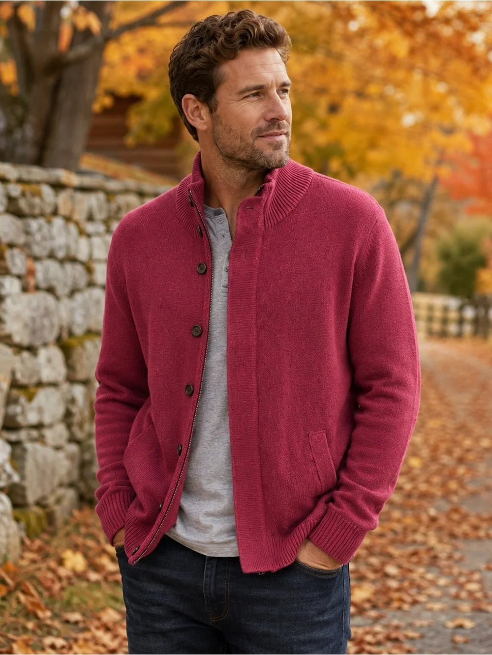 Banana Republic Men’s Berry Wool Blend Zip/Button Cardigan Sweater Preppy office